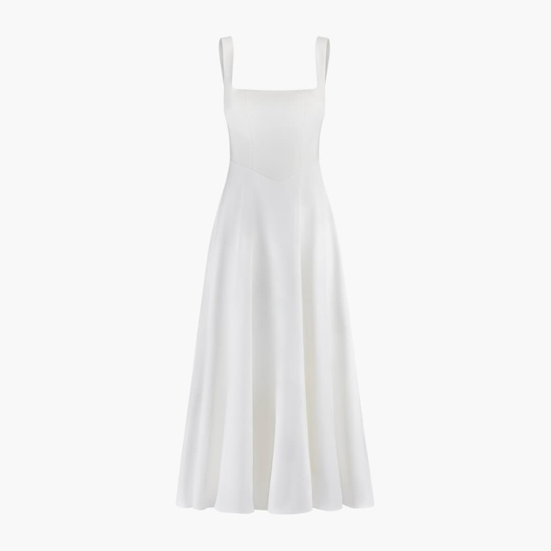 Women’s Midi Dress with Square Neckline and Flared Skirt