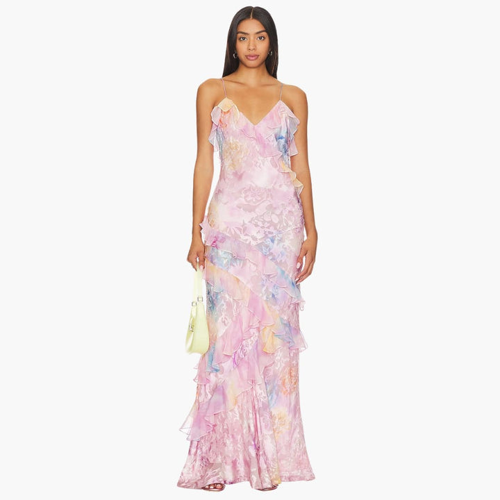 Women Maxi Dress with V-Neck and Ruffle Detail