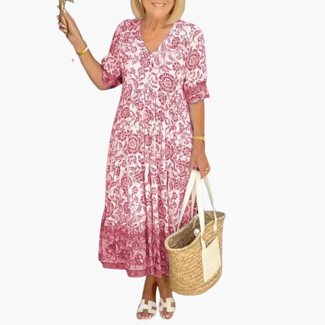 Women’s Midi Dress with V-Neck and Tiered Hem