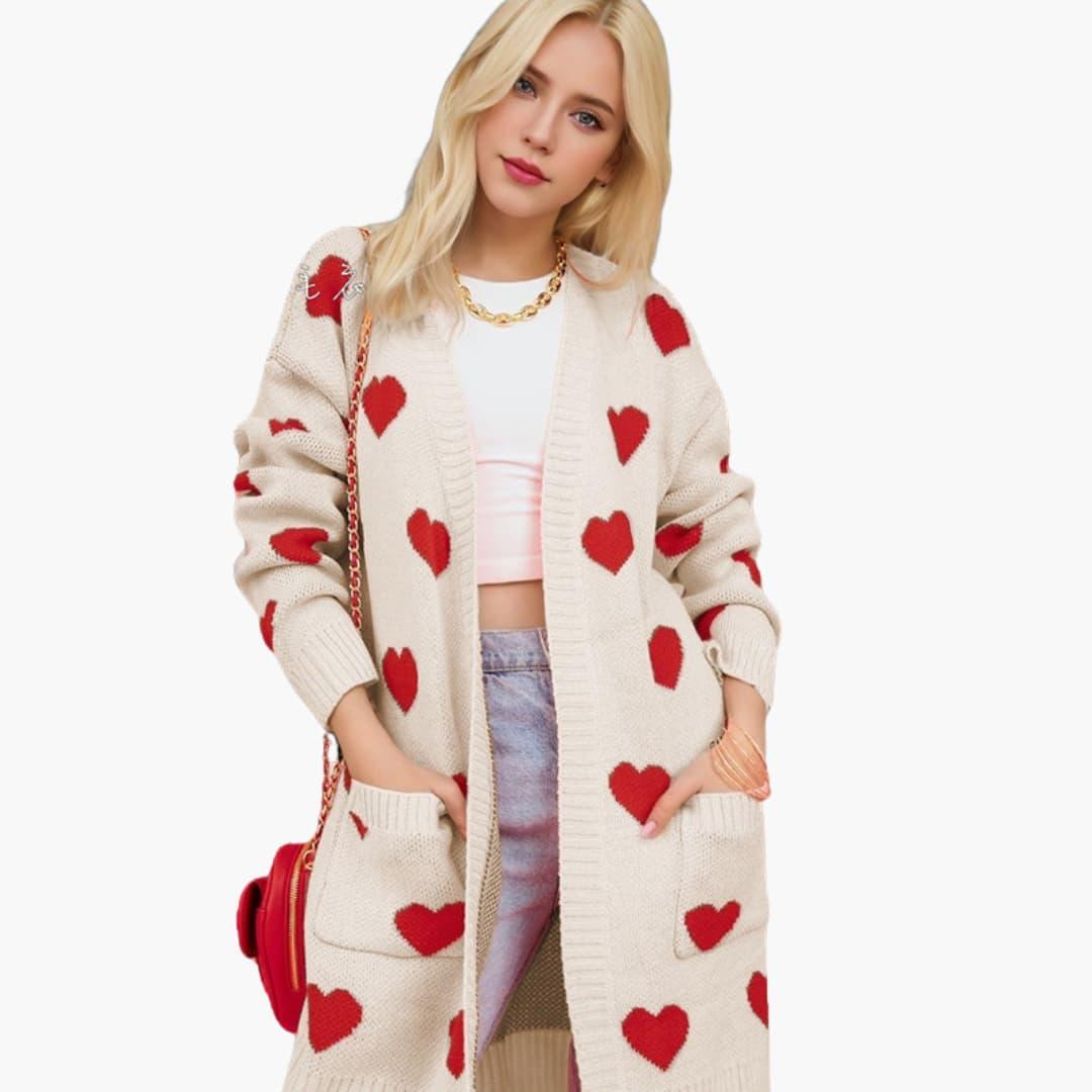 Women’s Sweater Vest with V-Neckline and Heart-Knit Pattern