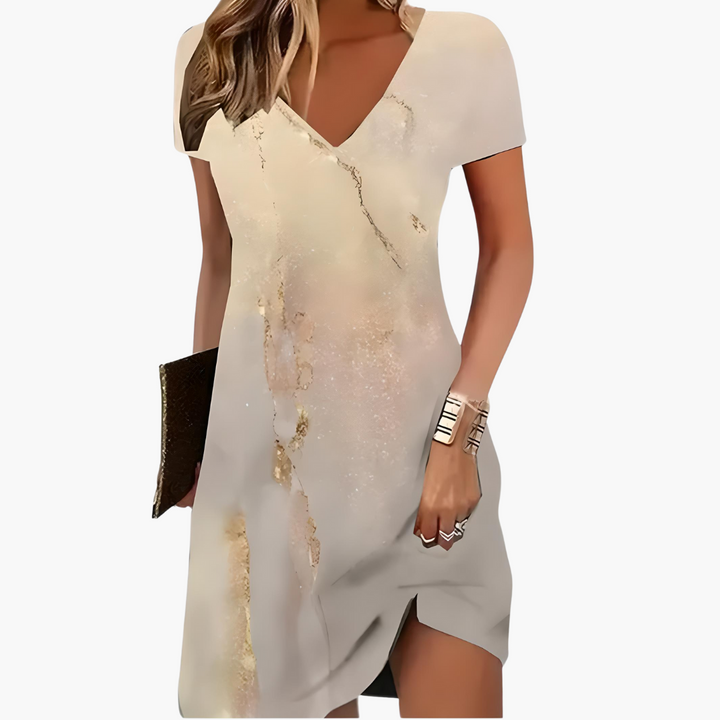 Women’s Short Dress with V Neckline and Asymmetric Hem