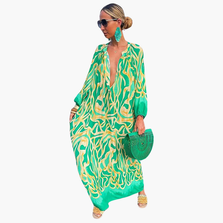 Women’s Maxi Dress with Deep V‑Neck and Long Sleeves