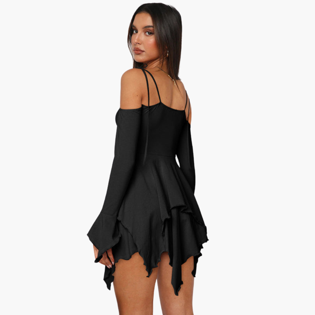 Women’s Mini Dress with Off-the-Shoulder Neckline and Layered Design