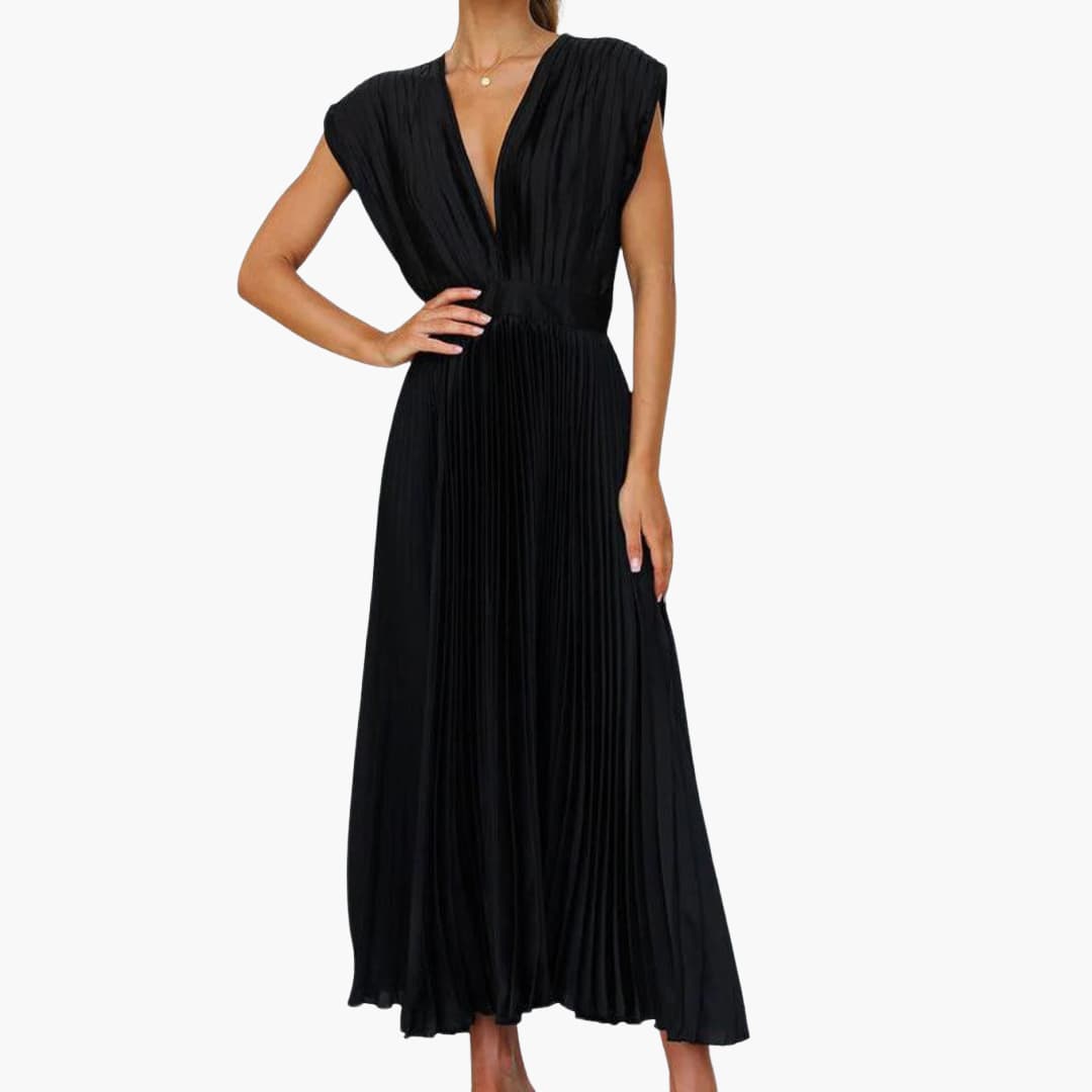 Women’s Midi Dress with Pleated Design and Cap Sleeves
