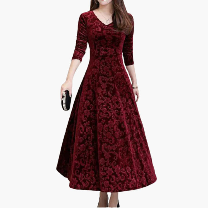 Women’s A-Line Maxi Dress with V-Neck and Three-Quarter Sleeves