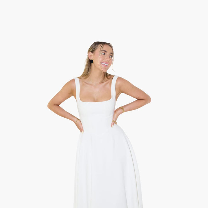 Women’s Midi Dress with Square Neckline and Flared Skirt
