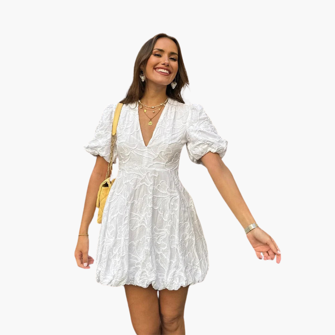 Women’s Dress with Puff Sleeves and Floral Embroidery