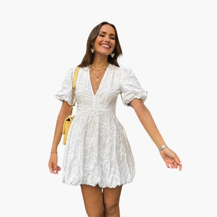 Women’s Dress with Puff Sleeves and Floral Embroidery