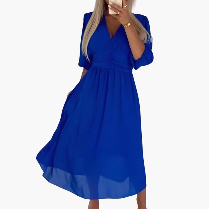 Women’s Midi Dress with V Neck and Ruched Waist