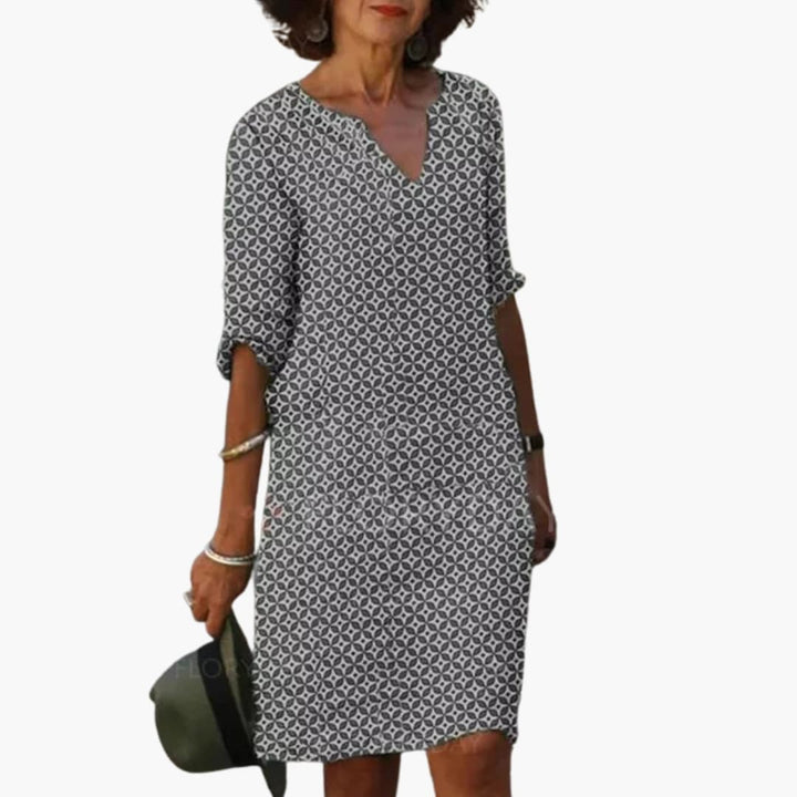 Women’s Short Dress with Notch V Neck and Rolled Sleeves