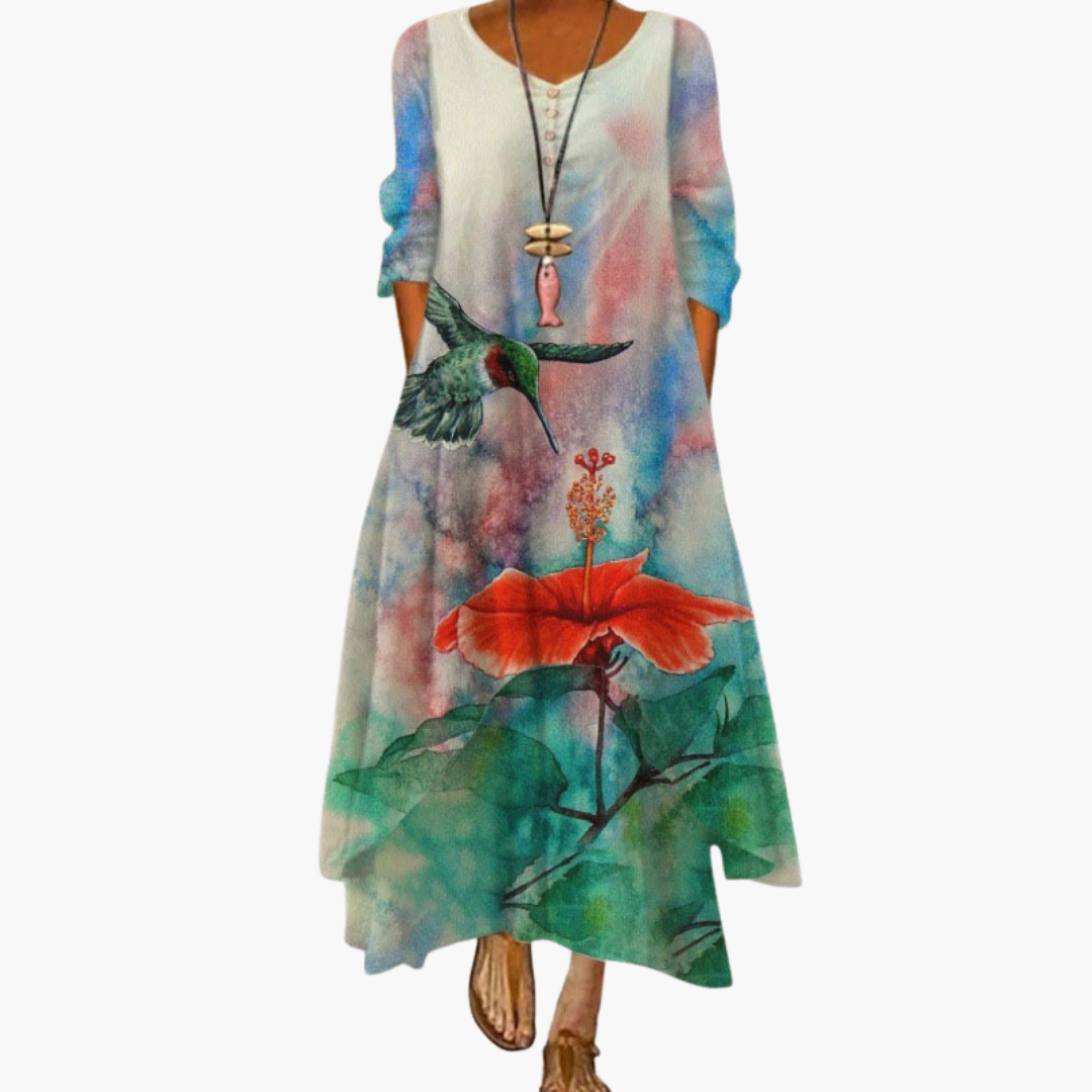 Women’s Maxi Dress with Asymmetric Hem and Long Sleeves