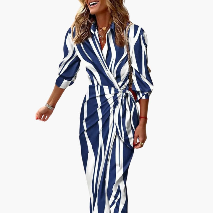 Women’s Midi Shirt Dress with Waist Tie and Wrap Front