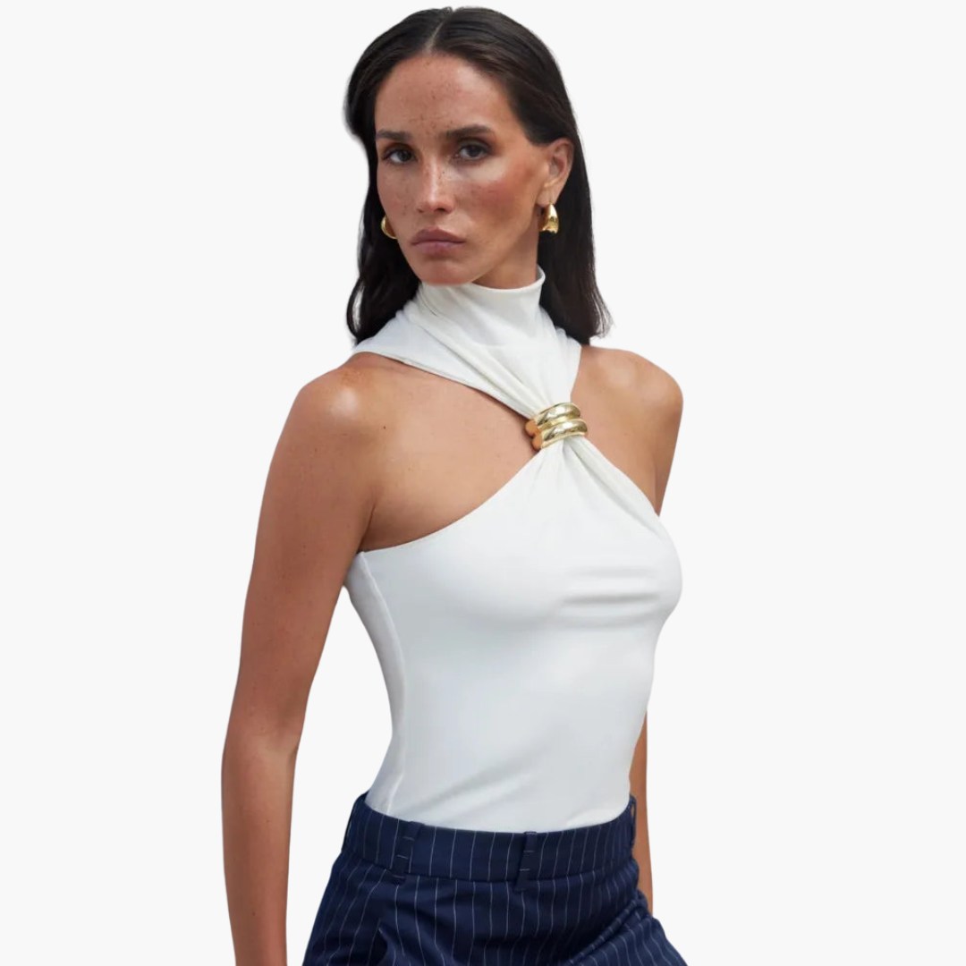 Women’s Halter Top with High Neck and Gold Accent