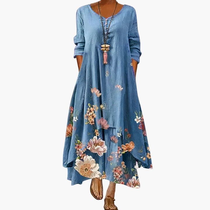 Women’s Maxi Dress with Asymmetric Hem and Long Sleeves