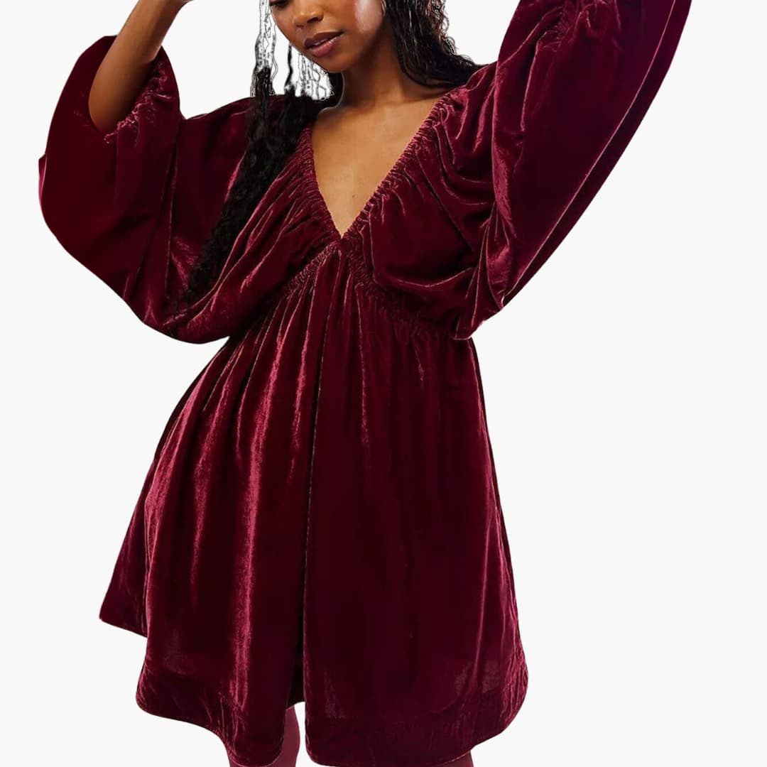 Women’s Mini Dress with V-Neckline and Long Sleeves
