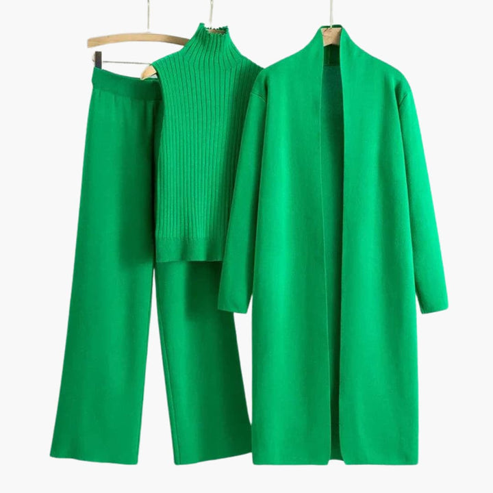 Women’s Three-Piece Knit Set with Sleeveless Turtleneck and Wide-Leg Pants