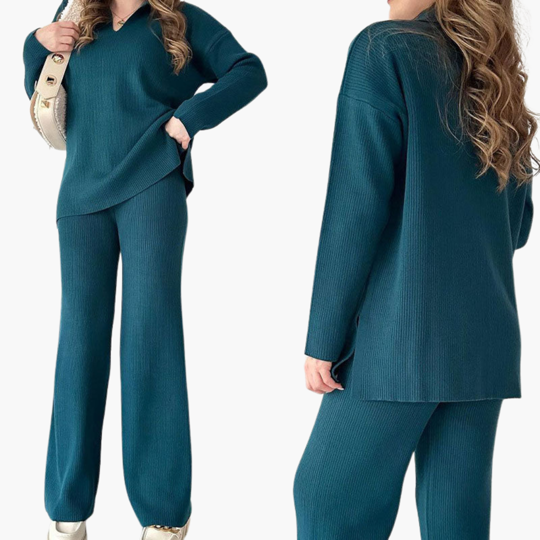 Women’s V-Neck Two-Piece Set with Wide-Leg Pants
