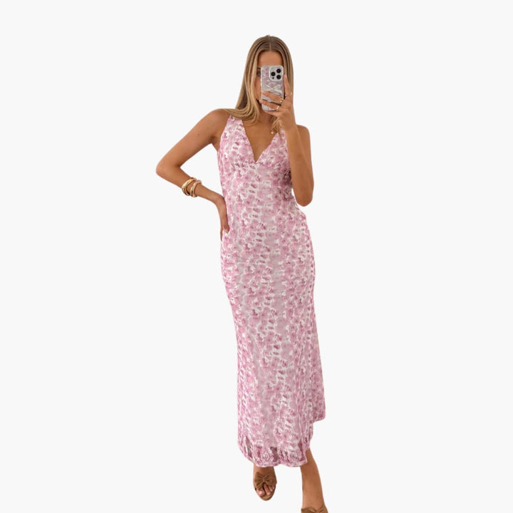 Women’s Maxi Dress with Lace Overlay and Open Back