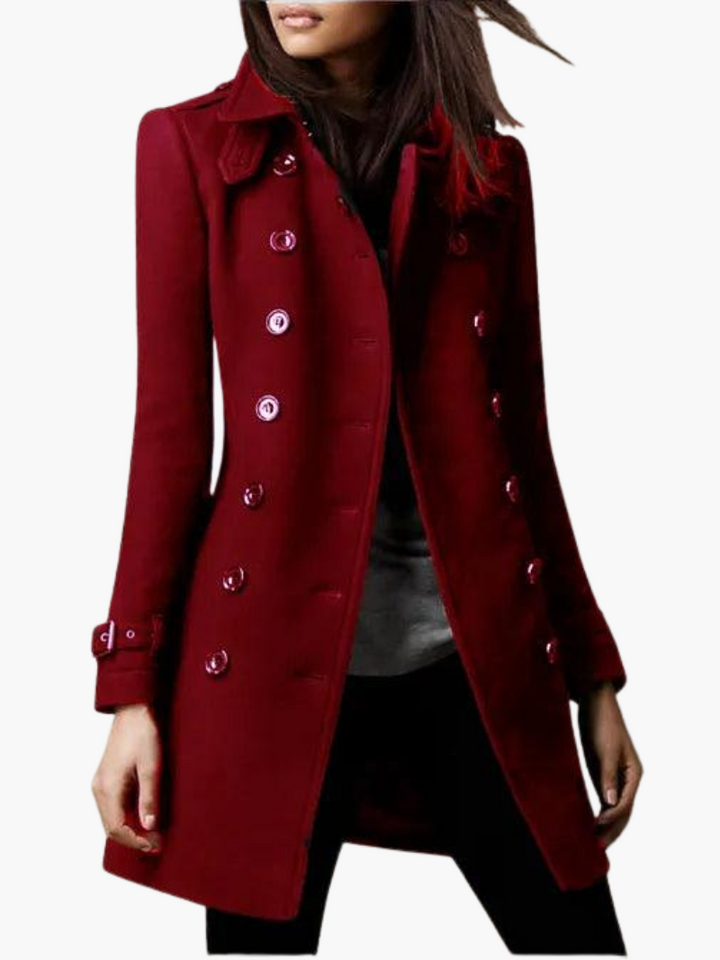 Women’s Long Peacoat with Double-Breasted Front and Belted Cuffs