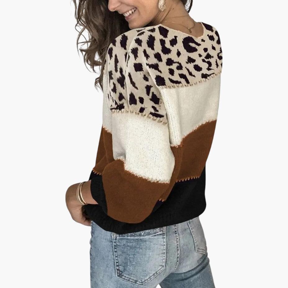 Women’s Knit Sweater with Leopard Print and Long Sleeves