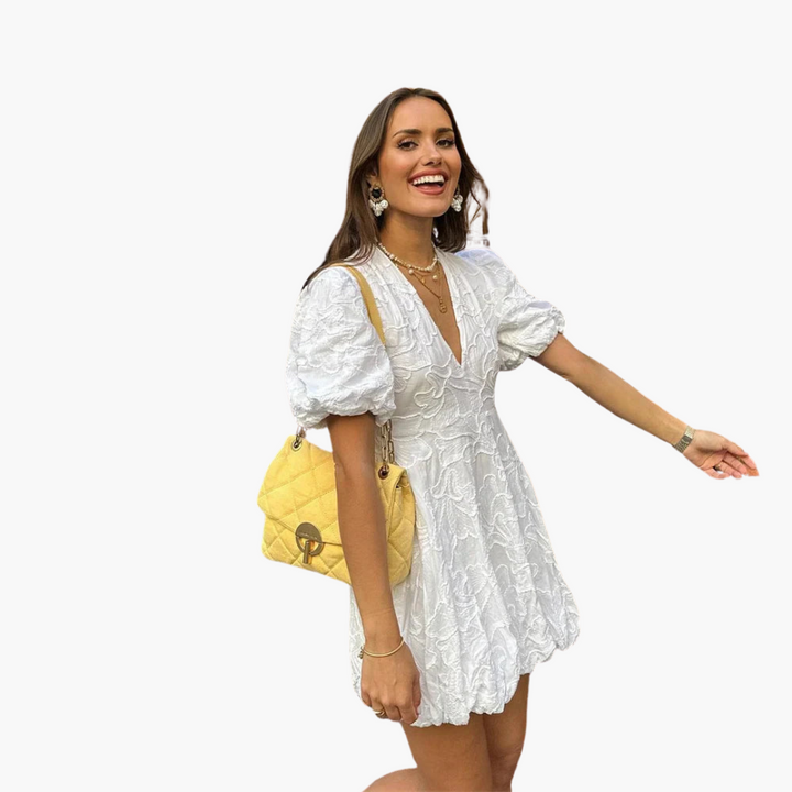 Women’s Dress with Puff Sleeves and Floral Embroidery