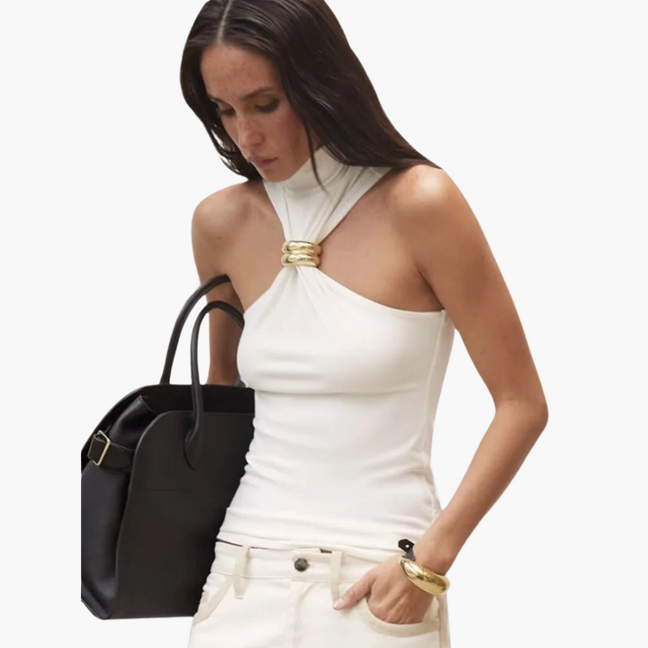 Women’s Halter Top with High Neck and Gold Accent
