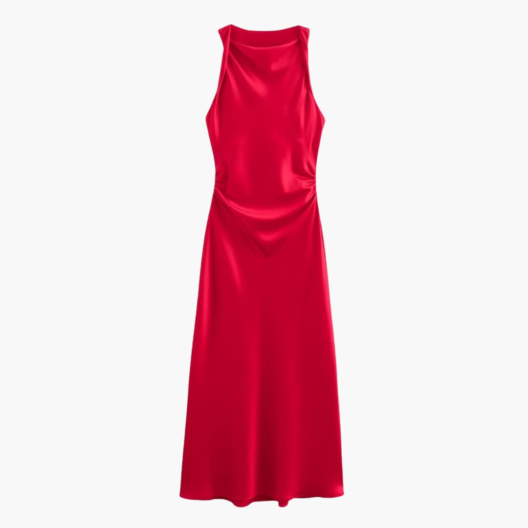 Women’s Satin Cowl Neck Midi Dress with Ruched Waist