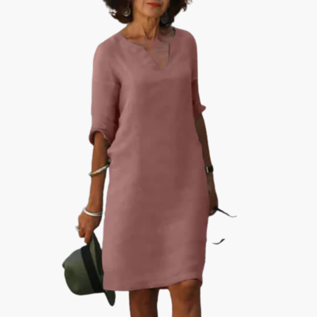 Women’s Shift Dress with Notch Neckline and Long Sleeves