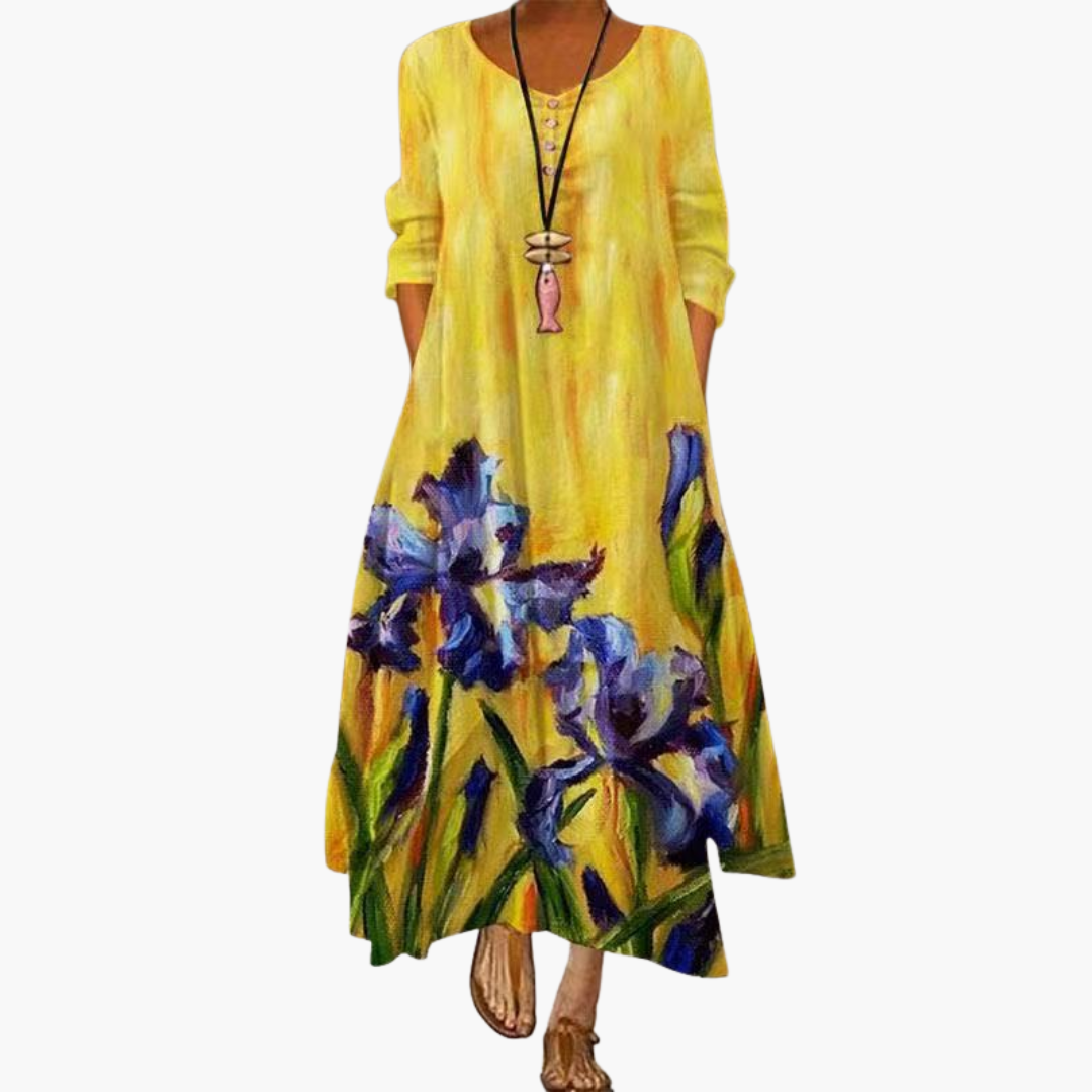 Women’s Maxi Dress with Asymmetric Hem and Long Sleeves