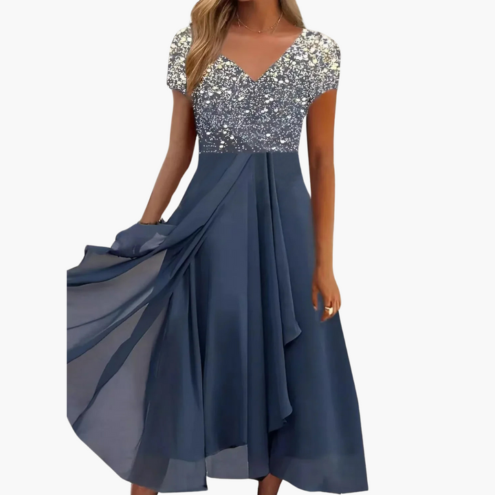 Women’s Midi Dress with V Neckline and Draped Skirt