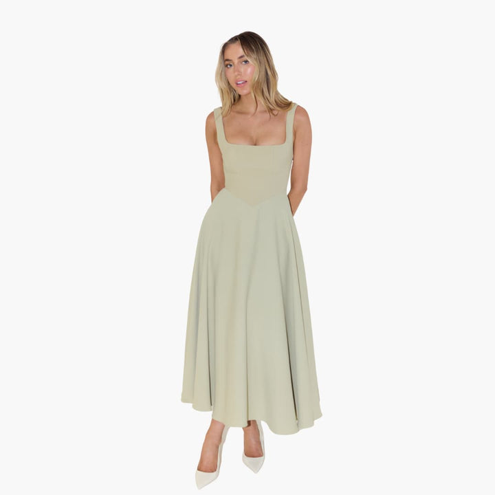 Women’s Midi Dress with Square Neckline and Flared Skirt