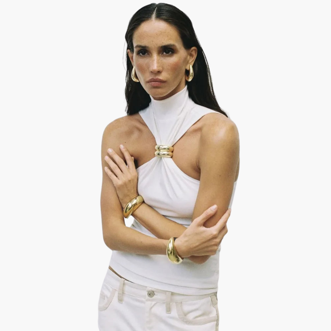 Women’s Halter Top with High Neck and Gold Accent