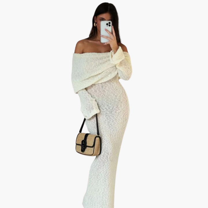 Women’s Off-Shoulder Maxi Dress with Decorative Finish