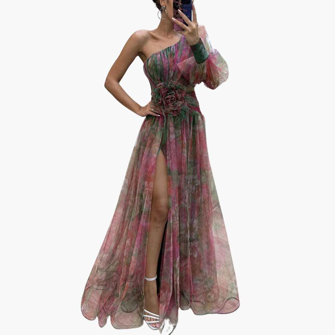 women's one-shoulder flower side-slit dress ChicSew Elegant Floral Dresses For Wedding Guests Simple One Shoulder Split Mermaid Floral Satin Maxi Floral Formal Dresses For Women