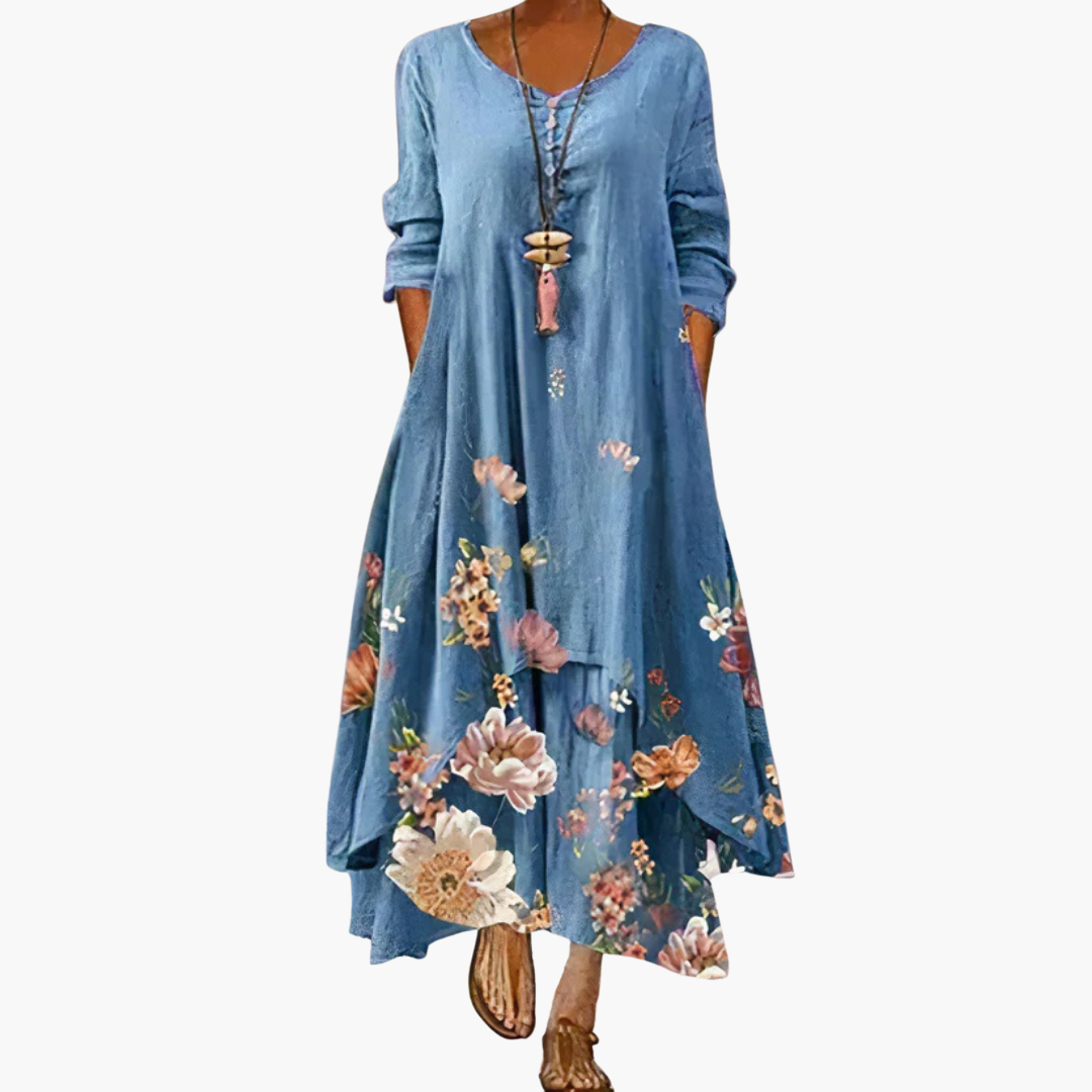 Women’s Maxi Dress with Asymmetric Hem and Long Sleeves