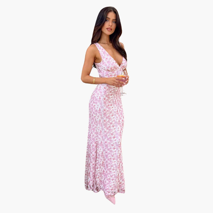 Women’s Maxi Dress with Lace Overlay and Open Back