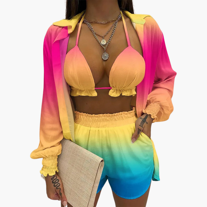 Women’s Beach Set with Ruffled Bikini Top, High-Waisted Shorts, and Cover-Up
