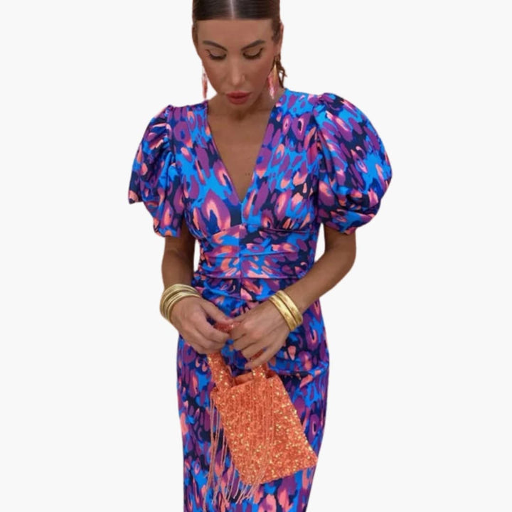 Women’s Dress with One-Shoulder Design and Pleated Sleeves