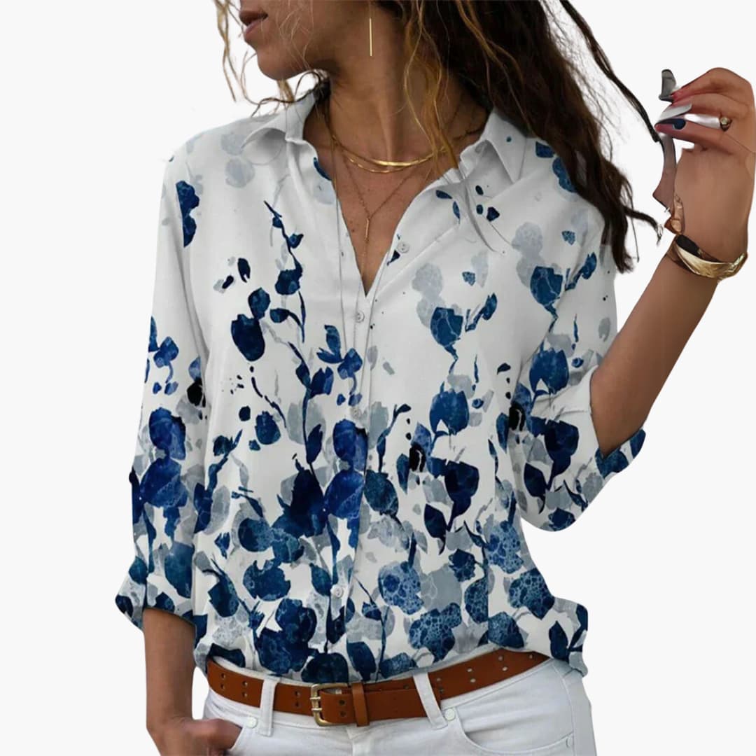 Women’s Floral Print Blouse with Collar and Button Fastening